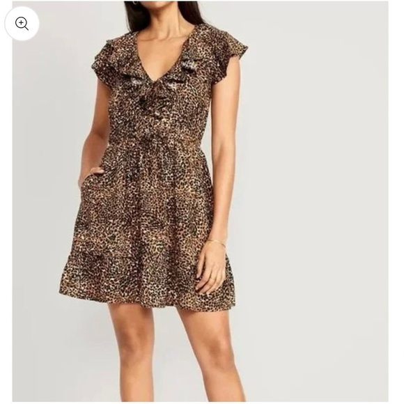 Old Navy Dresses & Skirts - Old Navy Mini Dress Womens Medium Brown Leopard Print Cinched Ruffle-Trim